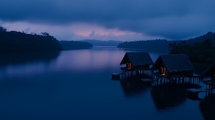 Fototapeta premium Tranquil sunrise over lake with two waterfront bungalows.