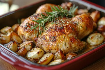 Fototapeta premium roasted chicken with crispy golden skin fresh rosemary and garlic cloves