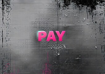 Bright pink word 'PAY' centered on a textured dark gray and black abstract background with digital glitch effects and scattered pink highlights
