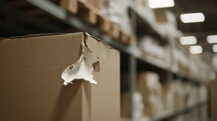 Torn shipping label on cardboard box symbolizing order cancellations, logistics problems, failed delivery and ecommerce return concept
