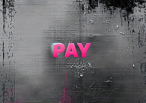 Bright pink word 'PAY' centered on a textured dark gray and black abstract background with digital glitch effects and scattered pink highlights