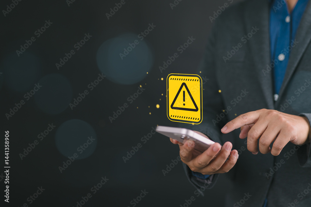 Leinwandbilder system hacked warning alert, businessman using smartphone with cyberattack network, virus, spyware, 