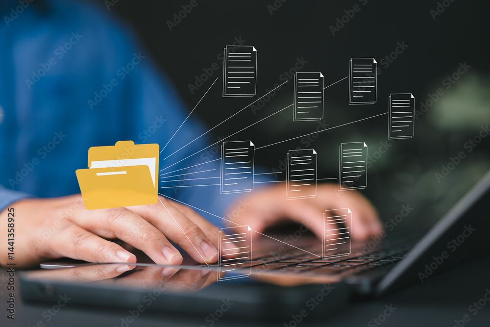 Aufkleber Databases, Man searching and managing files online document databases. Record keeping database technology File Access, Document Sharing, document management concepts.