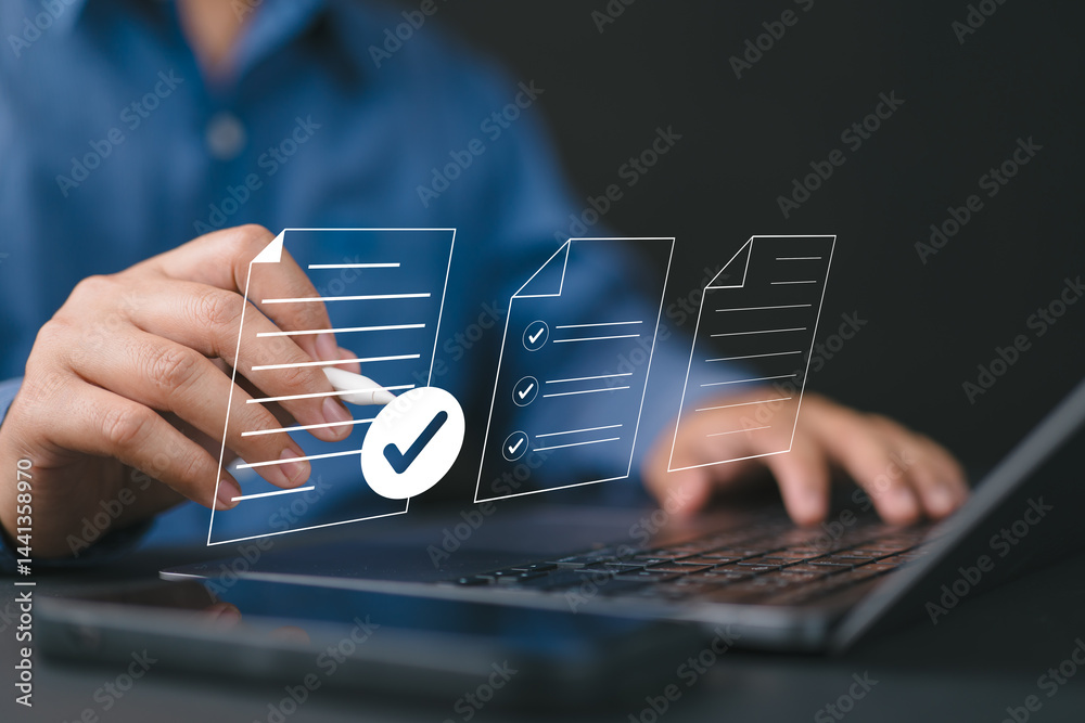 Aufkleber Businessman with a Document Management System (DMS). Streamline online docs, enhance file control & workflow efficiency with e documents.