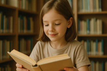 Smiling young girl reading a book in a library, enjoying time surrounded by knowledge and literature