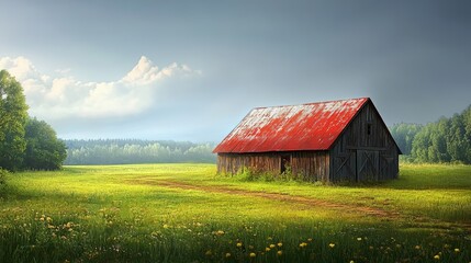 Obraz premium Rustic wooden barn with a weathered red roof surrounded by lush green meadows