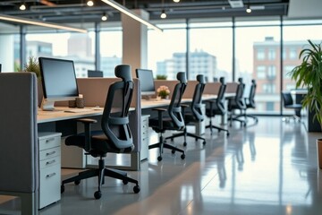 Empty modern office workstations arranged in a row.