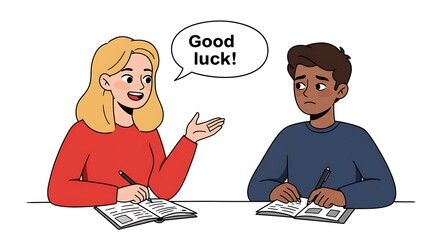 Woman Saying Good Luck to Unsure Man Preparing for Test