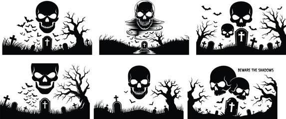Spooky Gothic Illustration of a Dark Haunting Graveyard with Silhouettes, Skulls, Bare Trees, and Ominous Shadows in Black and White Digital Art