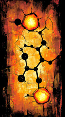 A painting of two molecules with a yellow background. The painting is abstract and has a lot of detail