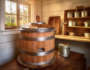 Fototapeta premium A wooden butter churn in a countryside kitchen
