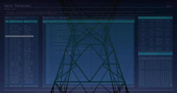 Electrical tower merging with terminal windows displaying redacted logs and code in flat design