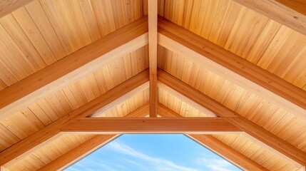 Interior view of a wooden ceiling with beams, showcasing craftsmanship and natural light