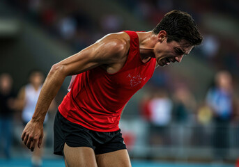 Exhausted white male athlete grimaces in pain during intense track competition, capturing the raw emotional and physical toll of pushing human limits in high-level sports