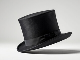 A formal black top hat with a gray ribbon band and bow sits on a light background.