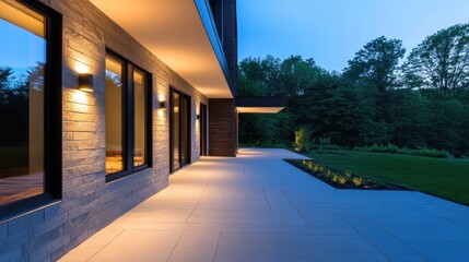 Obraz premium Modern architecture featuring a serene patio at dusk, surrounded by lush greenery and soft lighting