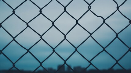 Fototapeta premium A chain-link fence silhouetted against a blue sky, with a blurred cityscape in the background.