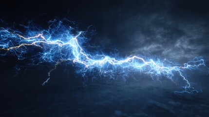 Bright blue lightning bolts illuminate a dark stormy sky, showcasing nature's raw power and beauty during a thunderstorm