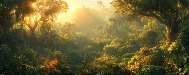 Fototapeta premium Lush sunrise through a misty jungle.
