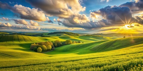 Obraz premium Serene Sunset Over Rolling Hills of Verdant Fields and Lush Greenery