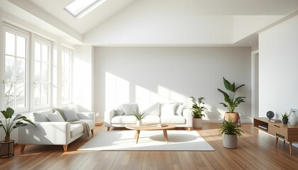 Fototapeta premium Bright and Airy Living Room with White Sofa and Wooden Floors