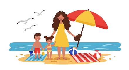 Fototapeta premium Family Beach Day Fun with Mom and Kids Enjoying Summer Vacation