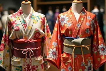 Fototapeta premium Two traditional Japanese garments displayed on mannequins.