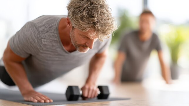 Middle-aged man performing push-ups with dumbbells on a yoga mat.