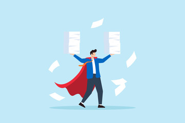 Flat illustration of superhero businessman lifting document stack multitasking and managing deadlines with office heroism under pressure