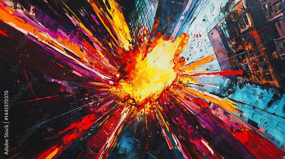 Poster vibrant and colorful explosion of color with abstract shapes breaking boundaries and creating an eye