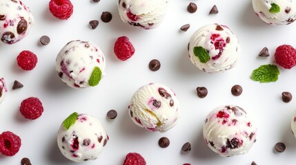 Delicious ice cream scoops with raspberries and chocolate chips