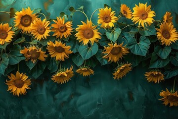 Row of vibrant yellow sunflowers with large green leaves against a textured teal background evoking a cheerful and natural atmosphere