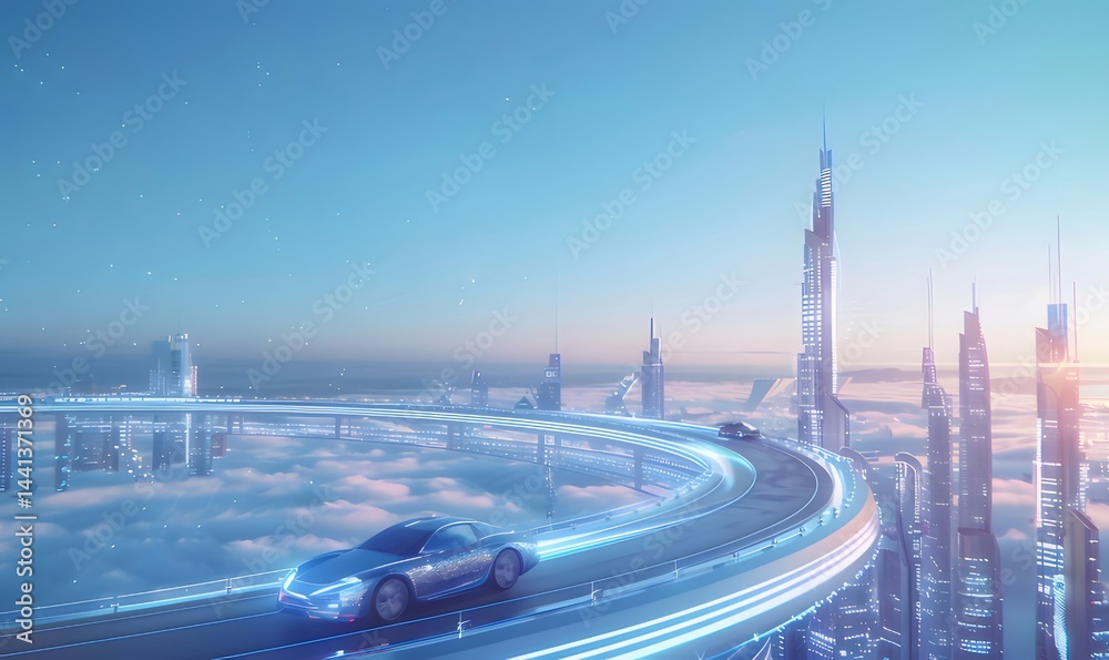 Poster 青い未来都市の車と空の風景 青い光と雲の中で移動する未来的な自動車
