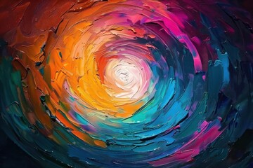 Vibrant swirling spiral of thick textured paint with bright warm and cool colors blending dynamically toward a glowing white center