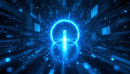 Fototapeta premium Bright glowing digital portal with futuristic blue light and data streams