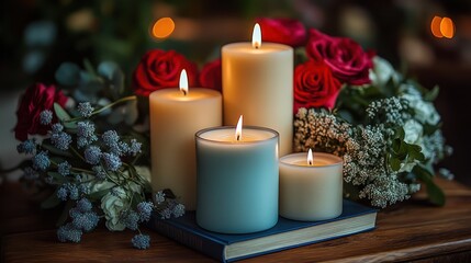 Lit candles with roses, book, and dark.