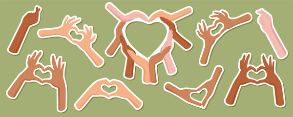 Colorful cartoon sticker set with diverse hand gestures forming heart shapes. Symbol of love, heart gesture, and friendship for k-pop themes or creative designs. Perfect for promoting cheerful,