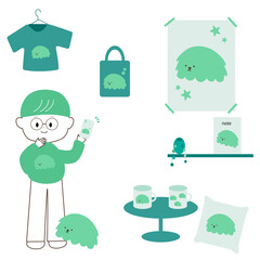 ペットが大好きでグッズに囲まれる男の子
