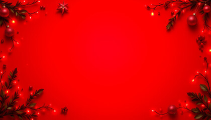 Christmas decoration with red baubles and lights on red background