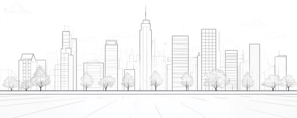 A city skyline with tall buildings and trees. The city appears to be empty and peaceful. The buildings are tall and spread out, with some of them having windows