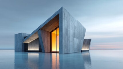 Obraz premium Modern Architectural Structure on Water with a Stunning Sunset Glow