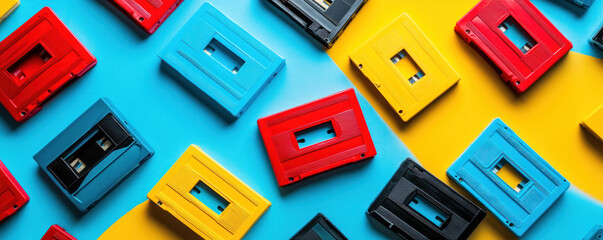 Obraz premium A collection of old-fashioned cassette tapes in various colors are arranged on a blue and yellow background. The image conveys a nostalgic and retro vibe
