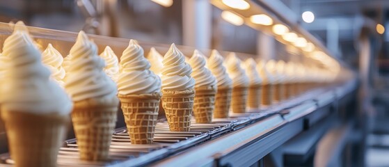 Rows of ice cream cones on a factory conveyor, warm lighting, shallow depth of field, industrial setting