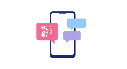 A stylized phone with qr code and message bubbles floating around it on a black background