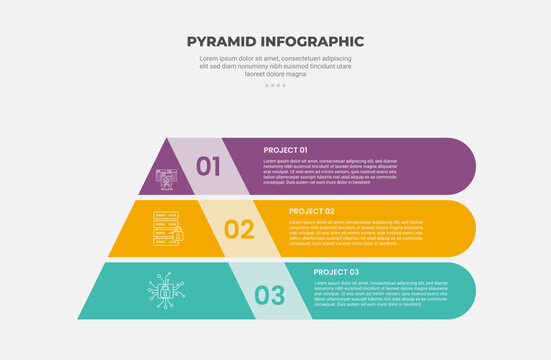 pyramid or triangle shape infographic outline style with 3 point template with creative pyramid with long rectangle box container unite for slide presentation