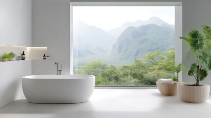 Modern bathroom with a large window showcasing a scenic mountain view.