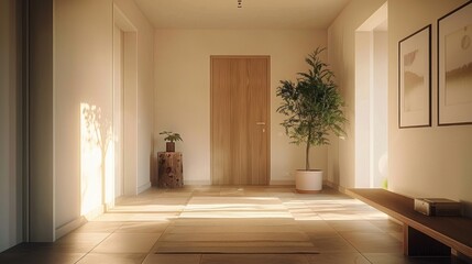 Fototapeta premium Minimalist warm-lit hallway with wooden door, potted plants, framed artwork, and a wooden bench casting soft shadows on tiled floor