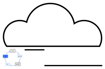 Large abstract cloud outline connected to a data flow chart with arrows indicating process cycles. Ideal for technology, data storage, networking, cloud computing, collaboration, process management