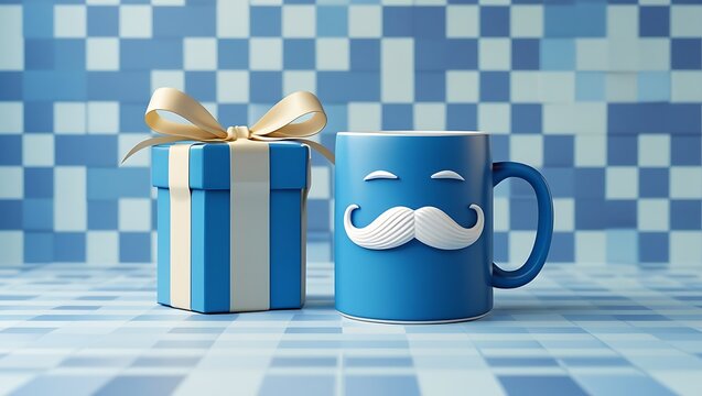 Blue Coffee Mug Gift with Mustache for Dad