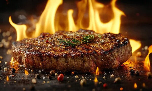 Grilled steak sizzling over flames with herbs and spices, creating a mouth-watering scene